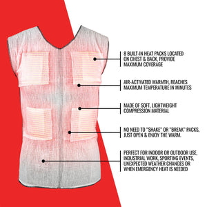 Heated compression vest with eight built-in heat packs and product feature labels