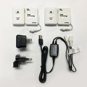 Zanier heat battery set with two white battery packs and a dual USB charging cable with wall adapters