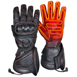 Gerbing black leather heated motorcycle gloves with red stitching and visible heating elements