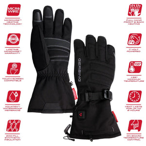 Gerbing black heated gloves with feature icons for Microwire technology and waterproof membrane