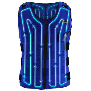 AlphaCool blue cooling vest with glowing light blue tubing pattern showing circulation