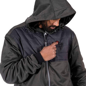 Man wearing a black Pioneer heated hooded jacket with a power button on the chest