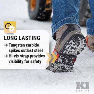 K1 Series traction device with tungsten carbide spikes and high visibility strap on a boot in the snow