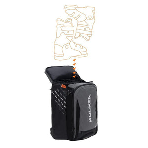 Kulkea backpack with diagram showing ski boots being packed into the main compartment