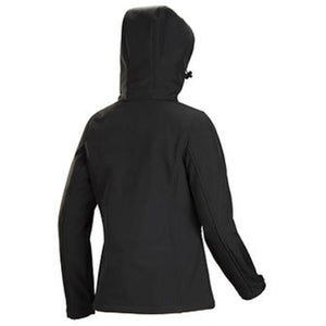 Back view of a black Pioneer hooded softshell jacket