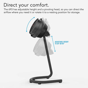 Vornado 693 pedestal fan showing adjustable height and pivoting head features