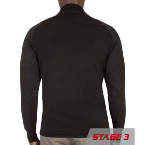 Back view of a black 221B Tactical long sleeve base layer shirt with Stage 3 graphic