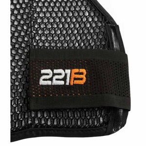 Close up of 221B Tactical black mesh vest strap with embroidered logo