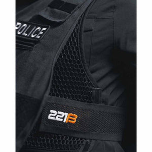 221B Tactical black police vest with mesh side panel and branded elastic strap