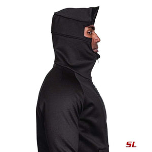 Side profile of a person wearing a black 221B Tactical balaclava hoodie