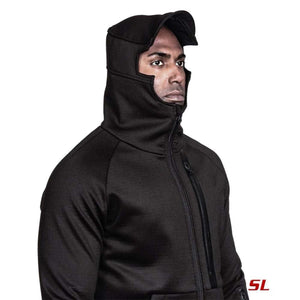 Man wearing a 221B Tactical black hooded jacket with a built in brim