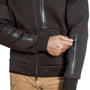 221B Tactical black zip up hoodie with multiple zippered pockets on sleeves and chest