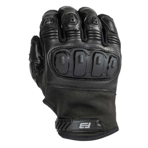 Black leather motorcycle glove with knuckle protection and wrist strap