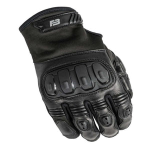 Black leather motorcycle glove with knuckle protection and F3 branding
