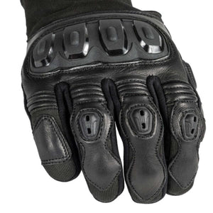Black leather motorcycle glove with knuckle and finger armor protection