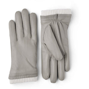 Hestra grey leather gloves with white ribbed cuffs