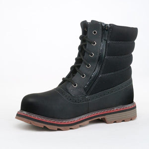 Black lace up ankle boot with side zipper and red accent on the sole