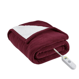 Serta burgundy heated throw blanket with white sherpa lining and remote control