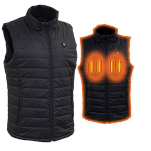 NexGen black quilted heated vest showing heating elements on the chest