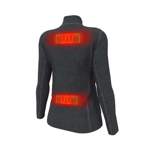 Back view of dark grey long sleeve base layer with red glowing heating elements on upper and lower back