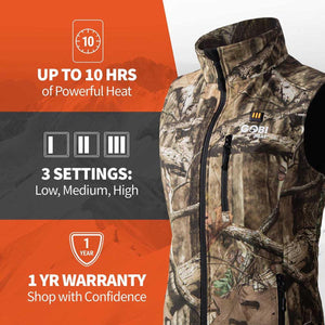 Gobi Heat camo vest showing 10 hours of heat, 3 heat settings, and 1 year warranty