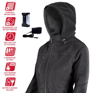 Gerbing black fleece heated hoodie with battery and charger icons showing features