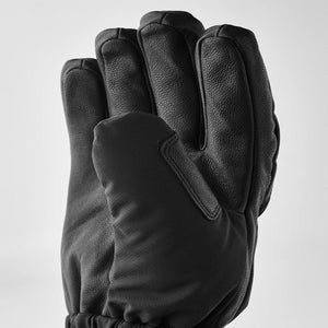 Black leather winter glove with textured palm and fabric back