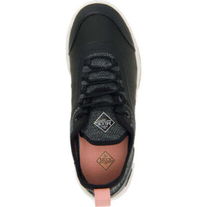 Top view of a black Muck sneaker with a grey knit tongue and pink heel pull tab