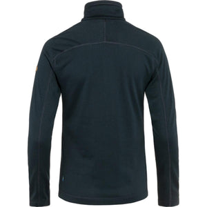 Back view of a dark navy Fjallraven fleece jacket with a high collar