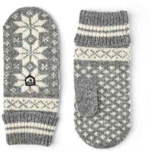 Hestra grey and white patterned wool mittens