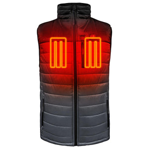 ActionHeat black and grey quilted heated vest with glowing orange heating elements on the chest