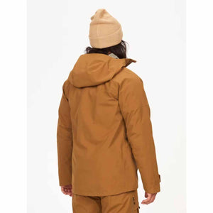 Back view of a person wearing a brown Marmot hooded jacket and a tan beanie