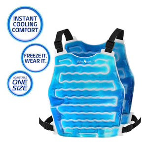 AlphaCool adjustable cooling vest with blue gel packs and black straps