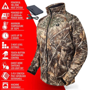 ActionHeat camo jacket with tri-zone heating system and 6000mAh power bank features