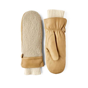 Hestra tan leather and wool mittens with ribbed cuffs