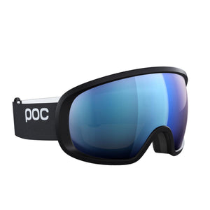 POC ski goggles with black frame and blue reflective lens