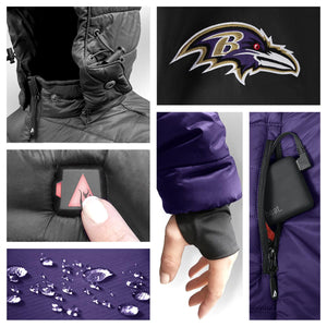 ActionHeat jacket details showing Ravens logo, power button, battery pack, thumbhole cuff, and water resistant fabric