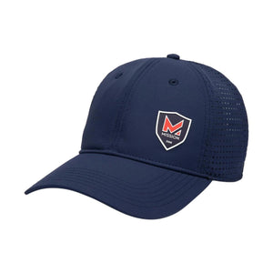 Navy blue Mission baseball cap with perforated side panels and shield logo