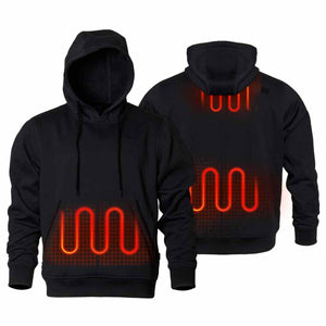 Mobile Warming black heated hoodie showing front and back views with glowing red heating elements