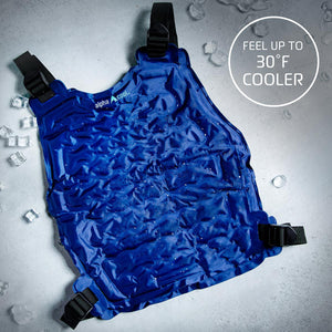 AlphaCool blue cooling vest with adjustable straps surrounded by ice cubes