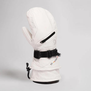 Swany white leather mitten with black wrist strap and zipper pocket
