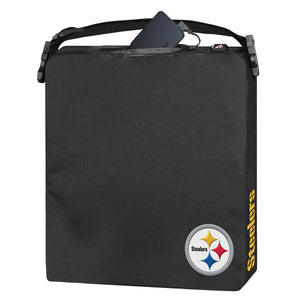 Black Pittsburgh Steelers heated seat cushion with power bank in pocket