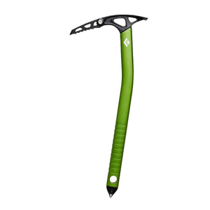 Black Diamond green ice axe with curved shaft and black head