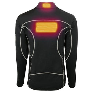 Back view of black heated jacket showing glowing heating elements on the neck and upper back