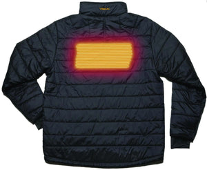 Back view of black Volt heated puffer jacket with glowing yellow heating element panel