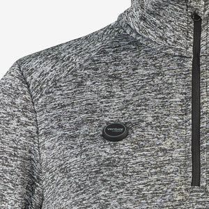 Close up of grey heathered fabric with Venture Heat logo button on chest and black zipper