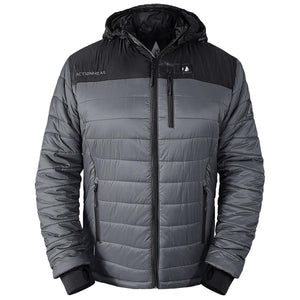 ActionHeat grey and black hooded puffer jacket with front zipper and chest pocket