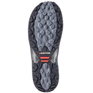Baffin boot rubber outsole with grey traction lugs and red accents