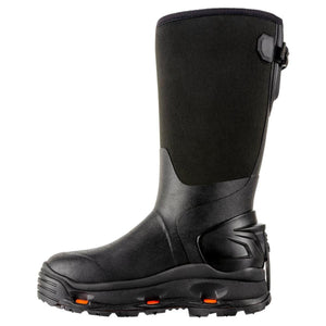 Korkers black waterproof tall rubber boot with orange sole accents