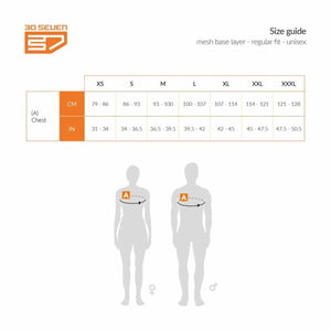 30seven unisex mesh base layer size guide with chest measurement chart